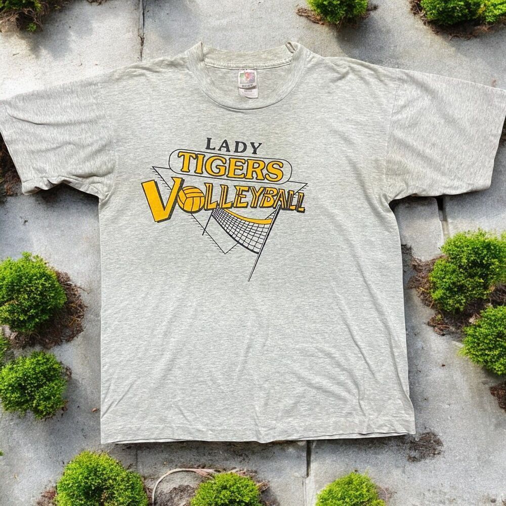 Fruit Of The Loom Vintage Single Stitch Lady Tigers Volleyball Tee Grey Womens L
